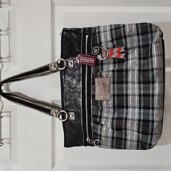 Coach Handbags - Coach Poppy Plaid Lurex Tartan Black and Gray Women's Tote Bag